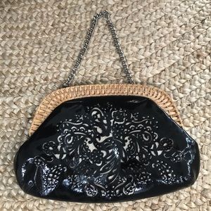 Rafe cane & laser cut blk patent leather clutch .